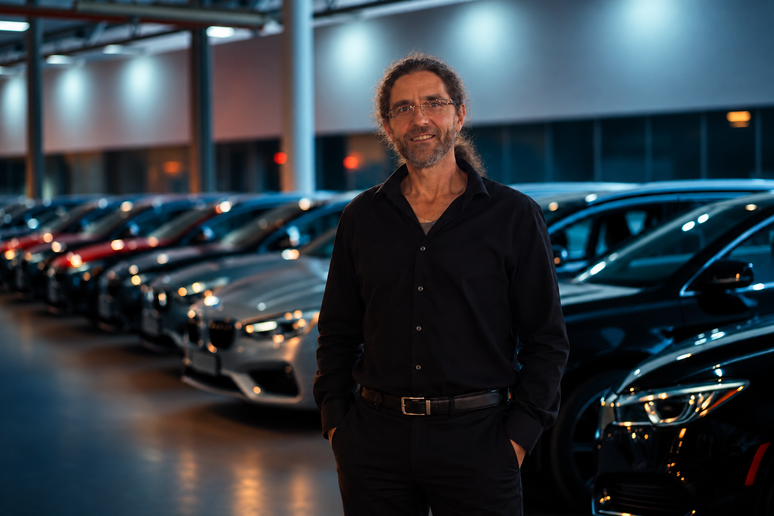 Morris, AutoPriceNow founder, standing in a dealership garage